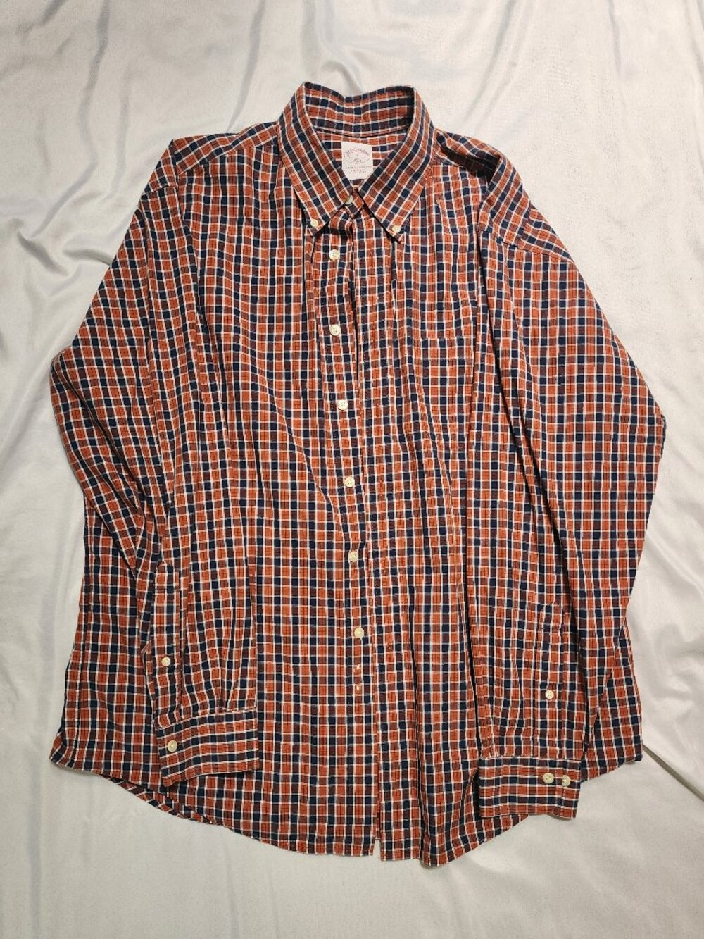 Brooks Brothers 346 Plaid Button Down Shirt Mens L Orange Blue Cotton